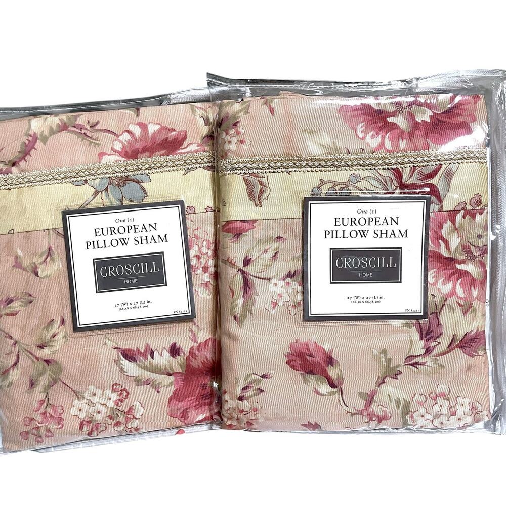 Set of 2 Vtg Croscill Euro Pillow Shams *Margarita* | Cottage Dusty Rose Floral